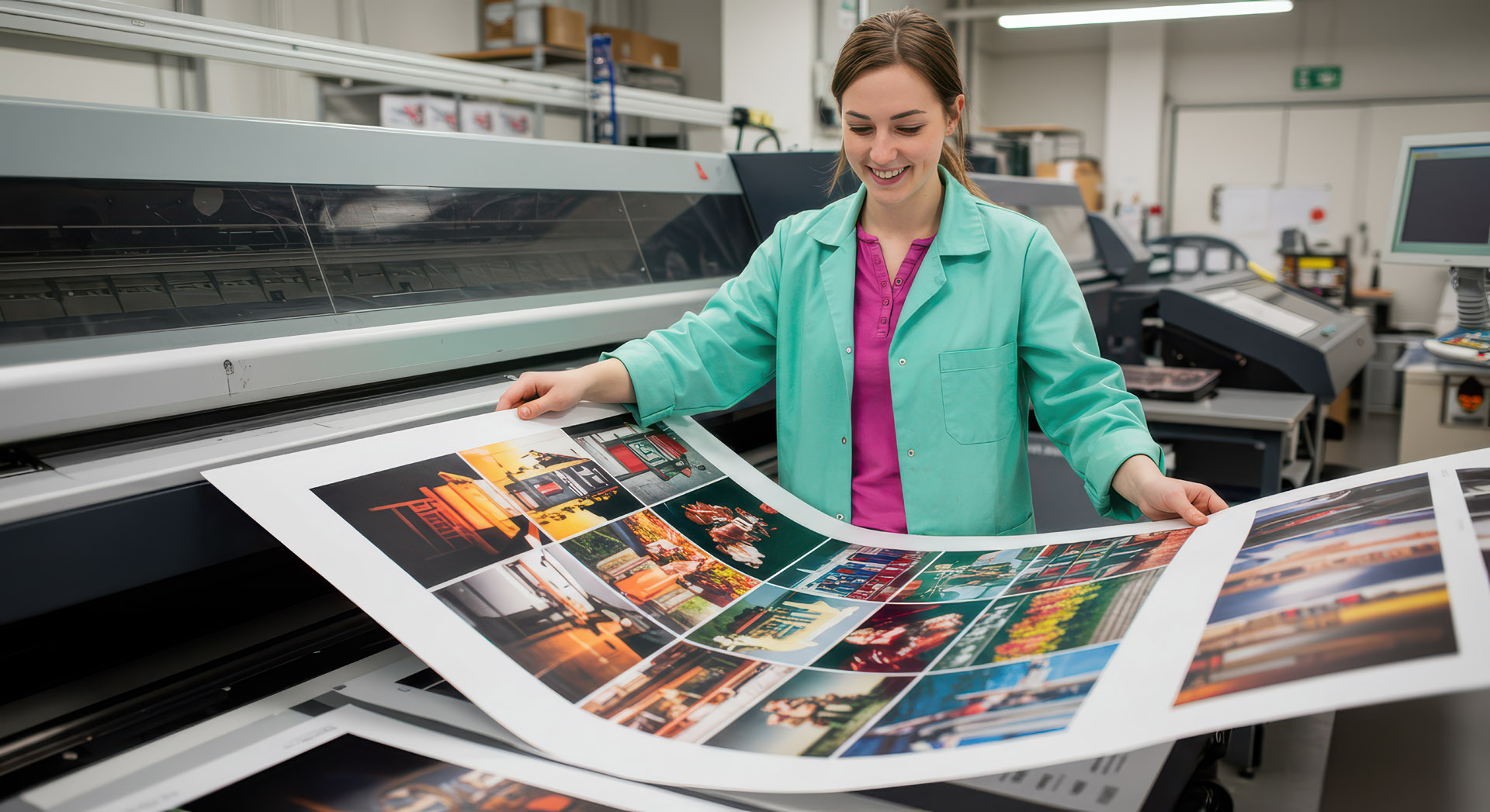 A print specialist works with a large format printing press to create vibrant images for commercial use